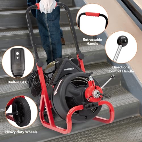 75Ft x 1/2 Inch Drain Cleaner Machine, Electric Drain Snake with 6 Cutters Gloves, Electric Drain Clog Remover Plumbing Tool for 2 to 4 in Pipes, Auto Feed Sewer Snake Auger Drain Auger Cleaner - style: 75FT 1/2''