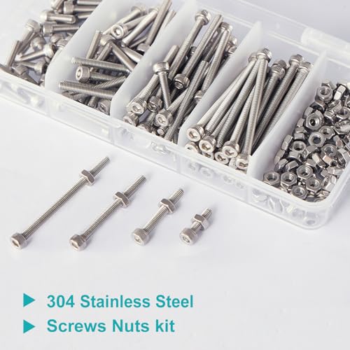 M3 x 10mm 20mm 30mm 40mm Hex Socket Head Cap Screws Bolts and Nuts, Stainless Steel 304, Bright Finish, Metric Allen Drive, Fully Thread, Assortment Kit 200PCS - size: Socket M3x10-40mm+Nuts