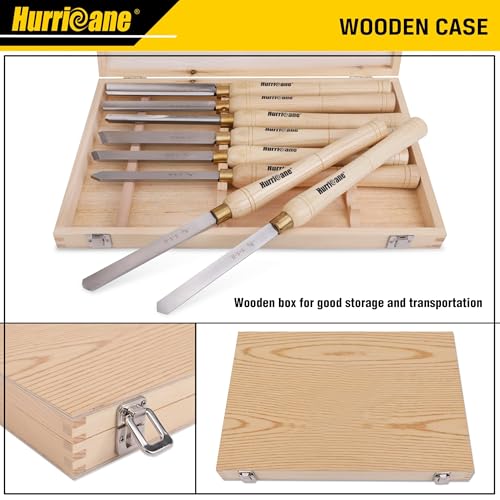 HURRICANE 8pc Wood Lathe Chisel Set, M2 HSS Wood Turning Tools with 10" Solid Hardwood Handles, Lathe Tool Kit for Beginners and DIY Hobbyists, Includes Protective Wooden Box - size: 8 pc with Wood Case
