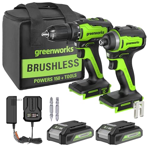 Greenworks 24V MAX Cordless Brushless Drill & Impact Driver Combo Kit, Electric Drill Set, High Torque, Lightweight, Professional Grade, Includes 2x 2.0Ah Batteries, Charger, and Storage Bag - size: 2PCS Combo Kits