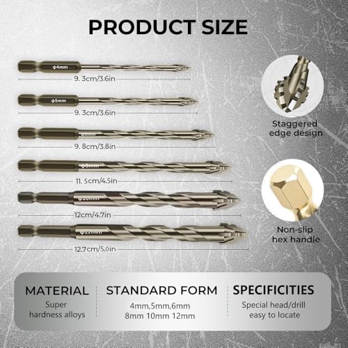6 Pcs Four-Flute Sawtooth Eccentric Twist Drill Bit, Concrete and Masonry Drill Bit Set, Set for Concrete/Glass/Tile/Wood/Metal, Hexagonal Shank Drills, Short bits, (4/5/6/8/10/12mm)