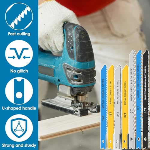 34Pcs Jigsaw Blades Set High Carbon Steel Assorted Jig Saw Blades with U-Shank Sharp Fast Cut Down Jigsaw Blade Wood Woodworking Tool for Plastic Metal Cutting