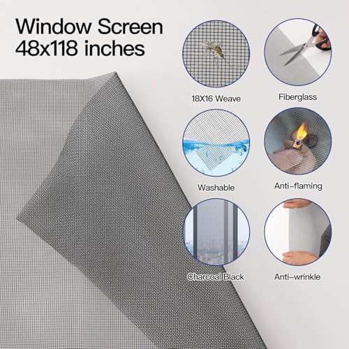 Window Screen Door Repair Kit Include Window Screens Mesh 48"x118" with All Tools in Window Screen Replacement(2pcs Screen Rollers, Screen splines, Hook, Utility Knife and Ruler), Yolovit - size: 48"x118"