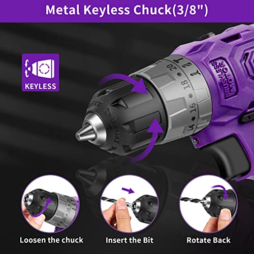 Purple Brushless Cordless Drill Set, 20V Compact Power Driver Kit with Electric Motor, 20+3 Torque Setting, 48 N.m, 2 Variable Speed, 23pcs Driver Bits, and Tool Box for Women Men Home DIY