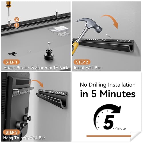 Studless Drywall TV Wall Mount, No Stud No Drill TV Bracket Hanger for 32-75 Inch TVs, Max Vesa 600x400mm up to 150lbs, Low Profile, Tilts 5°, Easy Install, Includes All Hardware & Level - size: 32"-75"