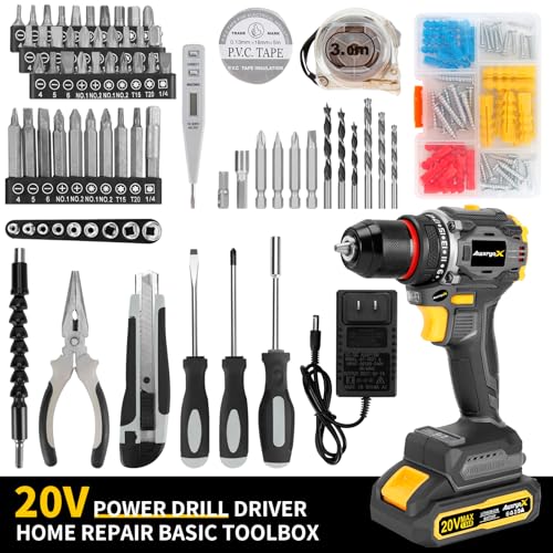 AwxryoX Brushless Compact Drill Tool Set, 60N.m 20V Cordless Drill Tool Box with 2 Battery, 135Pcs Man Household Combo Set with DIY Hand Taladros Kits, 531 In-lb Kit with Drill for Daily Home Repair