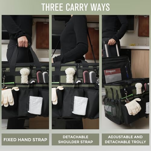 Rolling Cleaning Caddy Bag with Detachable Trolley, Large Cleaning Supplies Organizer with Wheels, Multi-Pocket Cleaning Cart with Adjustable Shoulder Strap for Housekeepers & Home Use, Armygreen - color: Armygreen