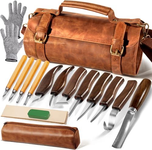 bellaDimora Wood Carving Kit 16-Piece | 8 Whittling Knives & 4 Detail Carving Knives, Walnut Handle High Carbon Steel Blades, with PU Leather Bag & Safety Gloves