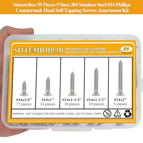 55 Pieces #14 x 3/4" 1" 1-1/4" 1-1/2" 2" Wood Screws Set, Phillips Countersunk Head #14 Self-Tapping Screws Assortment Kit, 304 Stainless Steel - size: #14, style: Phillips Countersunk Head
