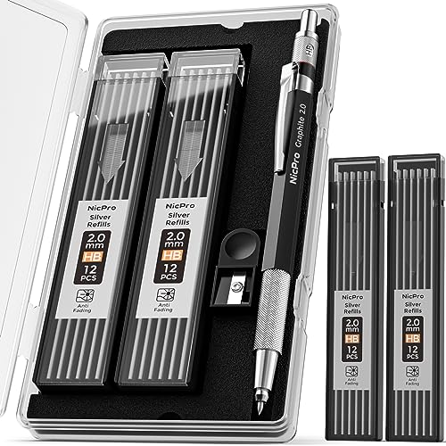 Nicpro 2mm Welder Mechanical Pencil Set with 24PCS Silver Refills, 2mm Metal Lead Holder, Carpenter Pencil with Sharpener for Welding, Cutting, Woodworking, Metals Alloys Wood Leather Material