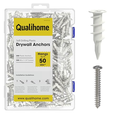 Qualihome Drywall Anchors with Screws – 400 Piece Set (200 Anchors + 200#8 x 1-1/4" Screws) | Self Drilling Drywall Anchors Heavy Duty | Wall Anchors for Drywall | Plastic Screw Anchor Kit - style: 200 Pack