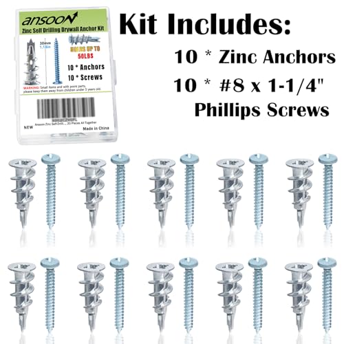 #8 Metal Zinc Self Drilling Hollow Metal Wall Anchors and Screws Kit - size: Silver Metal