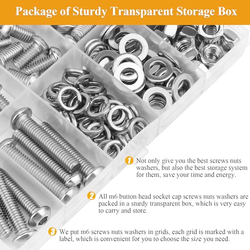 151 Pieces M6 Screws Nuts Washers Set, Sutemribor M6 x 8/10/12/16/20/25/30mm Button Head Socket Cap Screws Nuts Washers Assortment Kit, 304 Stainless Steel, Fully Threaded - size: M6, style: Button Head Socket Cap