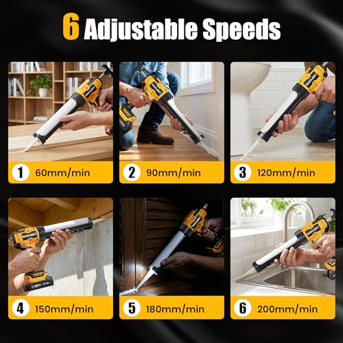 Electric Caulking Gun, Battery Powered Caulk Gun with 2 x 2000mAh Batteries, 9pcs Caulk Remover Tool, 6 Adjustable Speeds, Dripless Auto Retract, LED Light Silicone Gun for Filling, Sealing - color: With 2x 2.0ah Battery