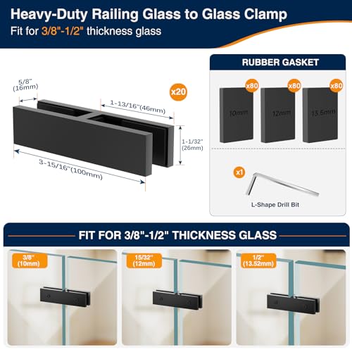 20 Pack Black Railing Glass to Glass Clamp, 180° Double Side Glamps - size: 20 Pack, style: 180 Degree