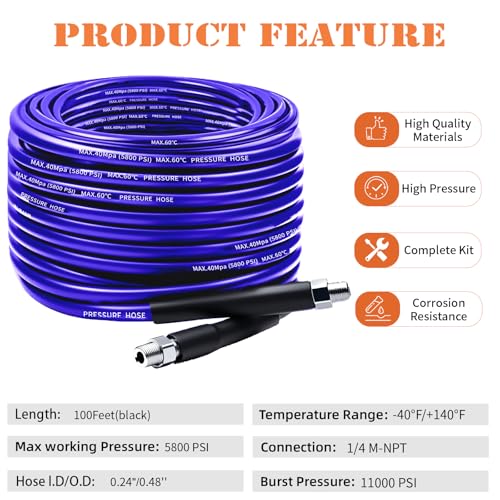 100FT Sewer Jetter Kit for Pressure Washer, 5800PSI Drain Cleaner Hose - color: Purple-100FT hose