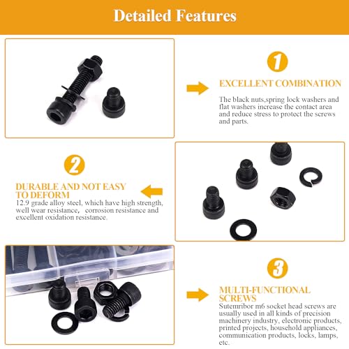 155 Pieces M6 Screws Nuts Washers Set Black, Sutemribor M6 x 8/10/12/16/20/25/30mm Hex Socket Head Cap Screws Nuts Washers Assortment Kit, 12.9 Grade Alloy Steel, Fully Threaded - size: M6 Screws Kit, style: Socket Head