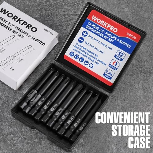 WORKPRO 10PCS Slotted Phillips Screwdriver Bit Set, Magnetic 1/4" Hex Shank - color: Phillips&slotted