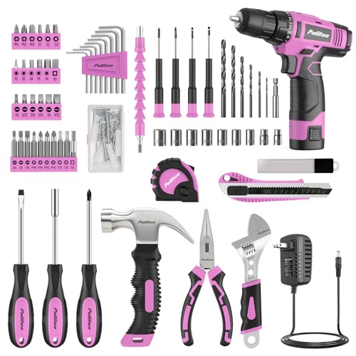 PULITUO Drill Set, 149-Piece Home Tool Set with 12V Pink Cordless Drill, Tool Box, Hand Tool Kits for Women & Men and DIY Enthusiasts, for Home Improvement - style: 12V Set（Pink）