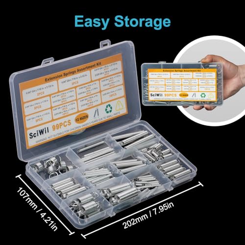 99PCS Extension Spring Assortment Kit, 12 Sizes Small Tension Springs with Dual Hook Ends, Galvanized Spring Steel Construction, Tiny Springs Set for Hobby Crafting and DIY Repair Project