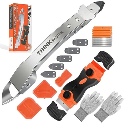 4 in 1 Silicone Caulking Tool Kit, Stainless Steel Caulk Remover Tool | for Various Surfaces, 3 Caulk Fishing Tool, 5 Replaceable Silicone Pads, Protective Gloves, Remove, Apply & Finish Caulk - color: Silver-2