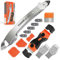 4 in 1 Silicone Caulking Tool Kit, Stainless Steel Caulk Remover Tool | for Various Surfaces, 3 Caulk Fishing Tool, 5 Replaceable Silicone Pads, Protective Gloves, Remove, Apply & Finish Caulk - color: Silver-2