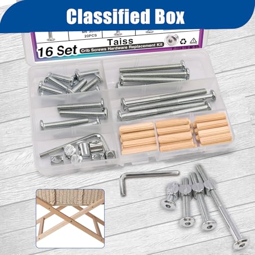 Taiss 16 Set Crib Screws M6x20mm/40mm/60mm/80mm Hex Socket Cap Screws Bolt,Barrel Nuts&Dowel Pins,Furniture Bolt,Baby Bed Crib Bolts Hardware Replacement Kit for Beds Furniture - color: 16 Set Silver