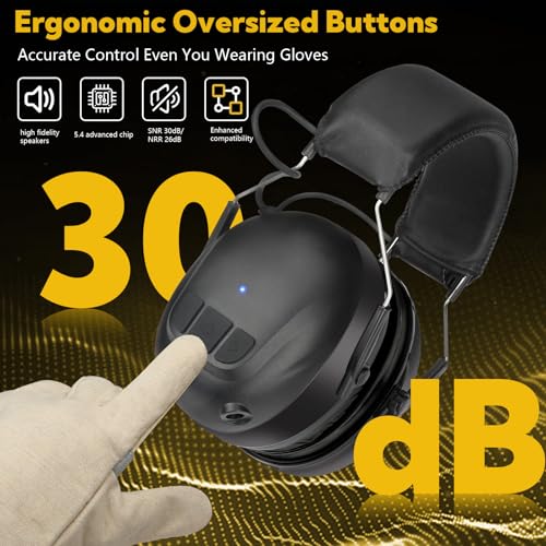 Kalence Gel Ear Pads Bluetooth 5.4 Hearing Protection Headphones, 30dB Noise Cancelling Headphones, 1200mAh Rechargeable Safety Earmuffs Bluetooth Ear Protection for Mowing - color: Black-gel