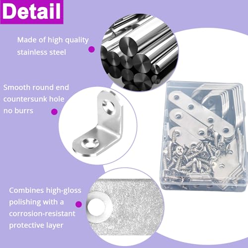 24 Pcs Corner Brace Flat Straight Bracket Sets, Stainless Steel L Brackets for Wood, Various Mending Plates with Screws - size: 6 size/ Mixed set