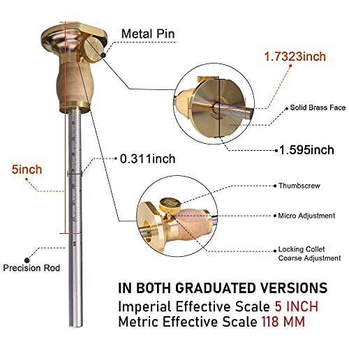 Wheel Marking Gauge Kit with 2 Extra Cutter Wheels, Anti Roll Brass Head with Hornbeam Wood Holder, Metric and Imperial Micro Adjuster Ruler, Woodworking Tools Scriber for Woodwork