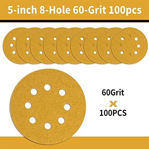 100 Pcs 5 Inch Sanding Discs Hook and Loop, 60 Grit Sandpaper for Woodworking or Automotive, 8 Hole Gold Premium Dustless Random Orbit Sandpaper - style: 60 Grit-100 Discs