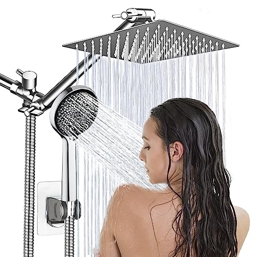 Shower Head,8”Rain Shower Head with Handheld Spray Combo with 11'' Angle Adjustable Extension Arm/Flow Regulator/Shower System,High Pressure Rainfall Shower Head Bathroom,Chrome - color: Silver01, size: 8 Inch