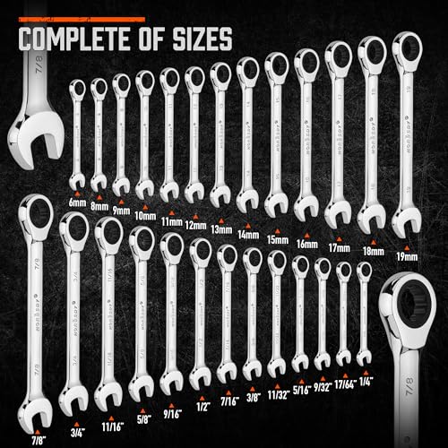 HORUSDY 26-Piece Ratcheting Wrench Set | Metric and SAE (6-19 mm & 1/4” to 3/4“) | Ratchet Combination Wrenches Set with Organizer | 72-Tooth | Chrome Vanadium Steel - style: 26pcs Metric&SAE Ratchet Wrench Set