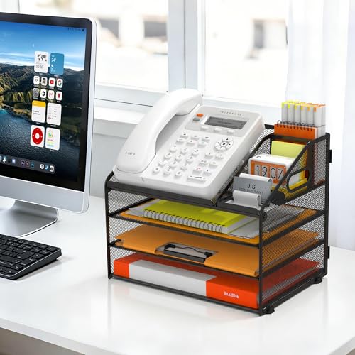 DocNest 4 Tier Metal Mesh Desk File Organizer with Phone Shelf, Black - color: Black, size: 12.6" x 9.1" x 10.3"