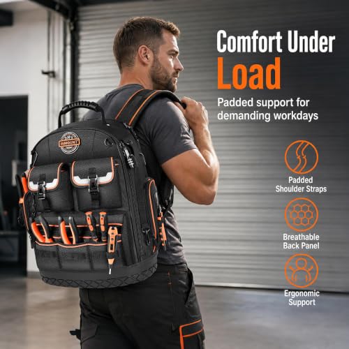 LOKASS Tool Backpack Heavy Duty, 18.5 in, 56 Pockets, Molded Bottom, Black - color: Black
