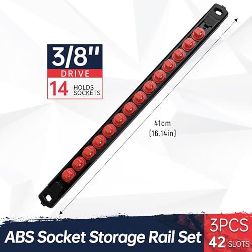Reniteco Magnetic Socket Organizer, 3/8-Inch Drive ABS Sockets Rail, Heavy Duty Sockets Holder, Socket Rack Kit 3/8-Inch x 14 Clips - color: Red, size: 3/8" DR