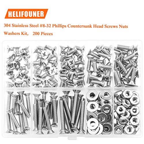 HELIFOUNER 200 Pieces #8-32 Phillips Countersunk Head Machine Screws Nuts Washers Assortment Kit, Coarse Thread, Fully Machine Threaded, 304 Stainless Steel - size: #8-32