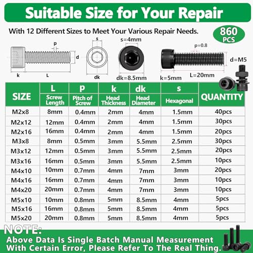 860Pcs M2-M5 Metric Screws, 12.9 Alloy Steel Hex Bolts & Nuts Kit - size: M2 M3 M4 M5 860pcs 3