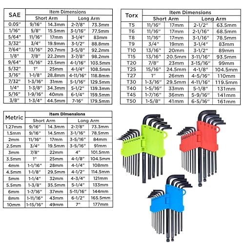 NEIKO 01104A Master Allen Wrench Set, 39 Pc Ball End Hex Key Set, Metric, Standard & Torx, SAE & MM Long Allen Keys 1.27mm to 10mm & 0.05” to 3/8 Inch and T5 to T50, Black Oxide Chrome Vanadium - size: Metric+SAE+Torx - 39pc