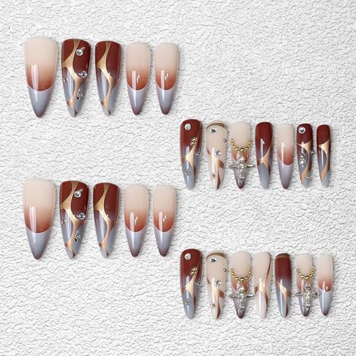 3D Press on Nails Almond - Long Tip Fake Nails with Embossed Cross&White Bead Designs, Glossy Finish Reusable False Nails for Women Manicure(3D Embossed design 25） - color: 3D Embossed design 25