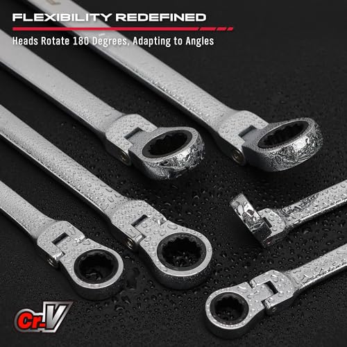 Extra Long Flex-Head Ratcheting Wrench Set, Anti-Slip 6-Piece Double Box End Wrench Set, 72-Teeth, Metric 8-19mm, CR-V Steel Wrench with Rolling Pouch - color: 6-pc Extra-long (Flex-head)