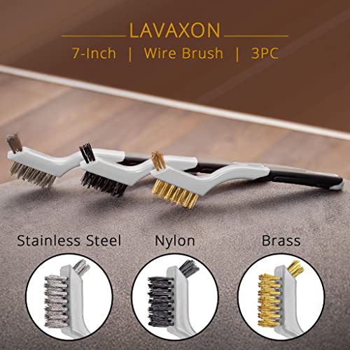 Lavaxon Wire Brush Set 3Pcs - Nylon/Brass/Stainless Steel Bristles with Curved Handle Grip for Rust, Dirt & Paint Scrubbing with Deep Cleaning – 7 Inches (Grey) - color: Gray
