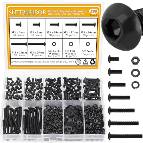 555 Pieces M3 Screws Nuts Washers Set Black, Sutemribor M3 x 6/8/10/12/16/20/25mm Button Head Socket Cap Screws Nuts Washers Assortment Kit, 10.9 Grade Alloy Steel, Fully Threaded - size: M3 x 6-25mm, style: Button Head