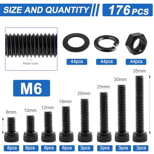 176Pcs UIETUIL M6 Hex Socket Head Cap Screws Kit, M6x8-35mm, 12.9 - size: M6 Cap 12.9 - 176PCS