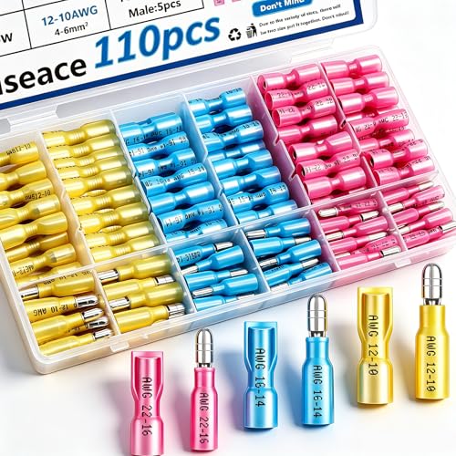 smseace 110PCS Heat Shrink Bullet Connectors Assortment Kit 22-10AWG Waterproof Bullet connectors Heat Shrink Female&Male Terminal for Automotive Boat Stereo Industrial Equipment - size: 110Pcs