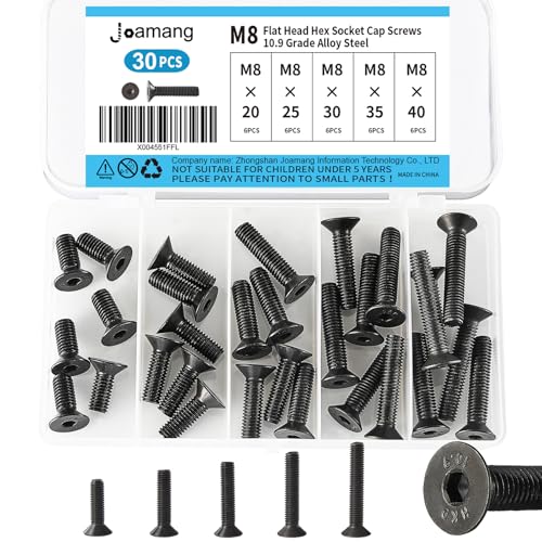M8 x 20mm 25mm 30mm 35mm 40mm Flat Head Hex Socket Cap Screws Countersunk Bolts, 10.9 Grade Alloy Steel, Black Oxide Finish, Metric Allen Drive, Fully Threaded, Assortment Kit 30Pcs - size: M8 x 20/25/30/35/40 mm