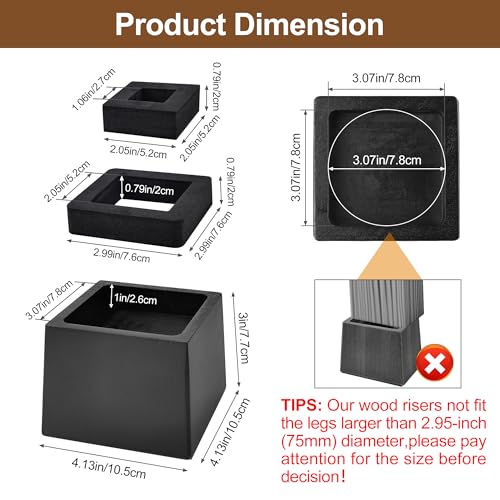 Wooden Bed Risers 3 Inch Heavy Duty, Support 2500 lbs, Black - color: Black, size: 3"H(Inner 2"H)