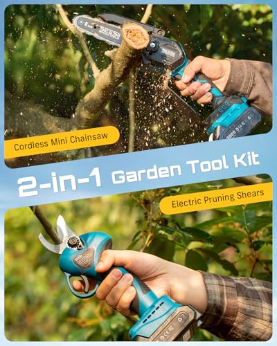 SEESII 2-in-1 Mini Chainsaw & Pruning Shears Combo, Brushless Motor - color: Navy Blue