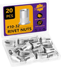 20Pcs SAE #10-32 Rivet Nut Set Flat Head 304 Stainless Steel | UNF Thread, High Ductility, For Auto, Furniture & Industrial Use, Storage Case Included. - size: 20Pcs-#10-32