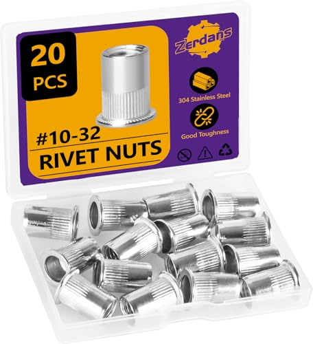20Pcs SAE #10-32 Rivet Nut Set Flat Head 304 Stainless Steel | UNF Thread, High Ductility, For Auto, Furniture & Industrial Use, Storage Case Included. - size: 20Pcs-#10-32